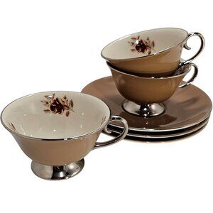 3 Flintridge Cocoa Rose Cup Saucer Set platinum silver foot trim retro 1960s